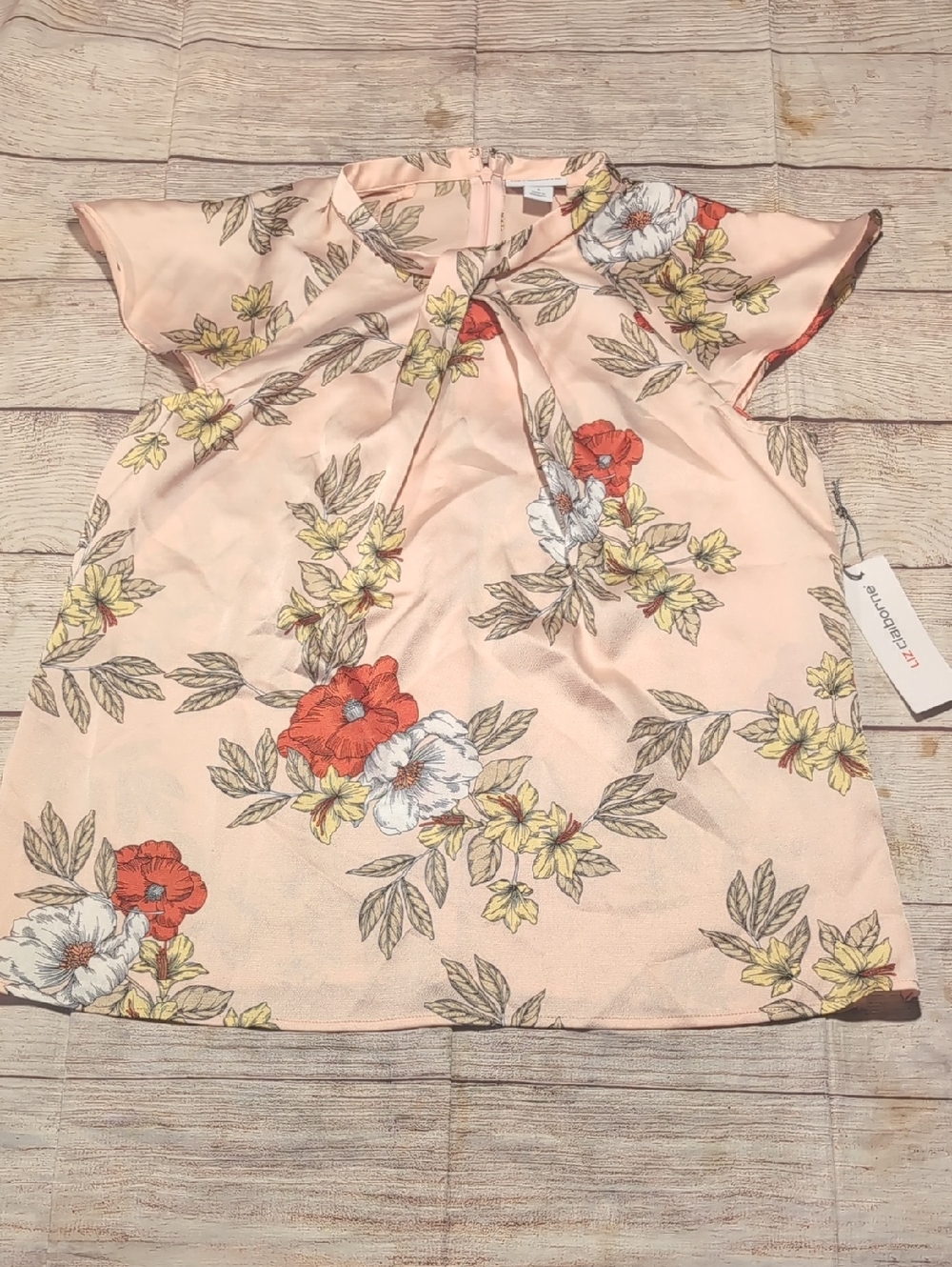 Liz Claiborne Women's Pink With Floral Flutter Sleeve Pullover Top Size S NWT